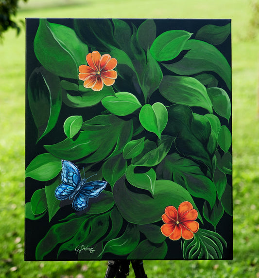 Artistic depiction of flowers and a butterfly on a green background