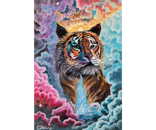 The painting "Flame of Life" showcases bold Tiger Art, symbolizing fiery emotion, power, and the unstoppable force of inner transformation.