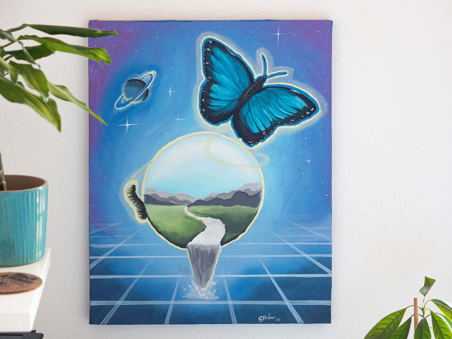 The painting The Moment of Transformation features a glowing blue butterfly above a surreal portal of nature, symbolizing rebirth, cosmic change, and spiritual awakening through the lens of blue butterfly symbolism.