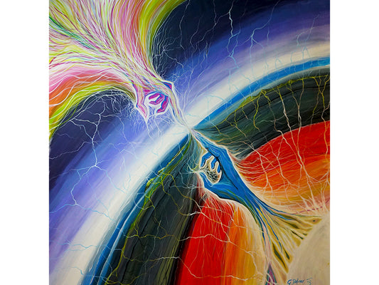 Connected to Divine visualizes unity art through contrasting realms, illustrating a journey from materialism to spiritual oneness and divine connection.