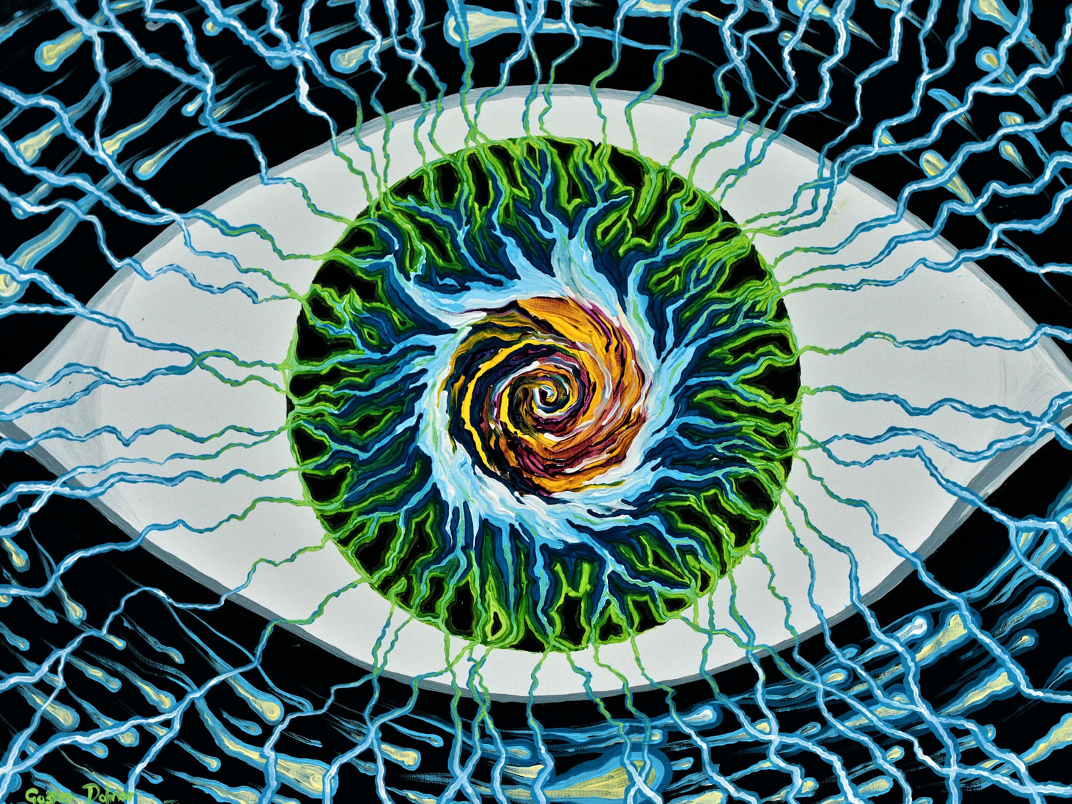 Eye of a Vision painting features an abstract, electrified eye with a swirling center, symbolizing the power of visualisation and inner creative focus.