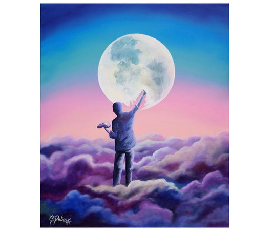 Create Your World shows a figure on clouds painting the full moon, symbolizing imagination, persistence, and the power to shape your own reality.