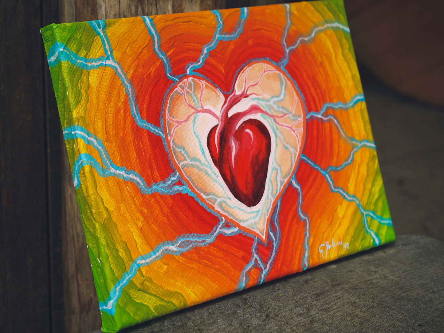 A vibrant painting titled "Heart Coherence" showing a glowing red anatomical heart within a radiant heart-shaped aura, radiating electric-blue energy over warm orange, yellow, and green tones—symbolizing inner love, balance, and energetic connection.
