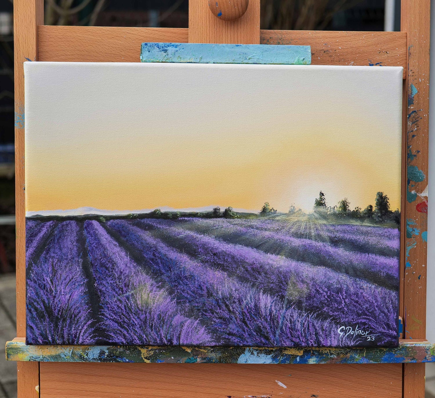Lavender Field painting features a serene lavender field at sunset, a Lavender Field Painting that evokes calm, purity, and gentle emotional warmth.