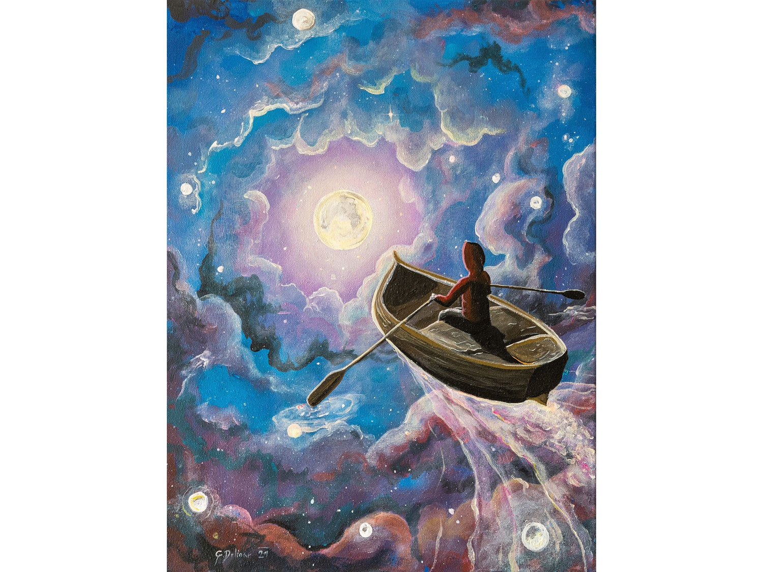 The Unknown Path depicts a lone figure rowing a wooden boat through the vast universe, symbolizing life's journey through the unknown and limitless possibilities.