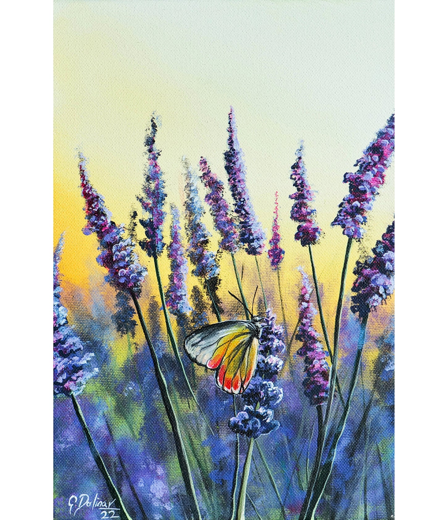 "Lavender Breeze" painting featuring a Yellow Butterfly, symbolizing peace and transformation amid soft lavender tones and a tranquil natural setting.