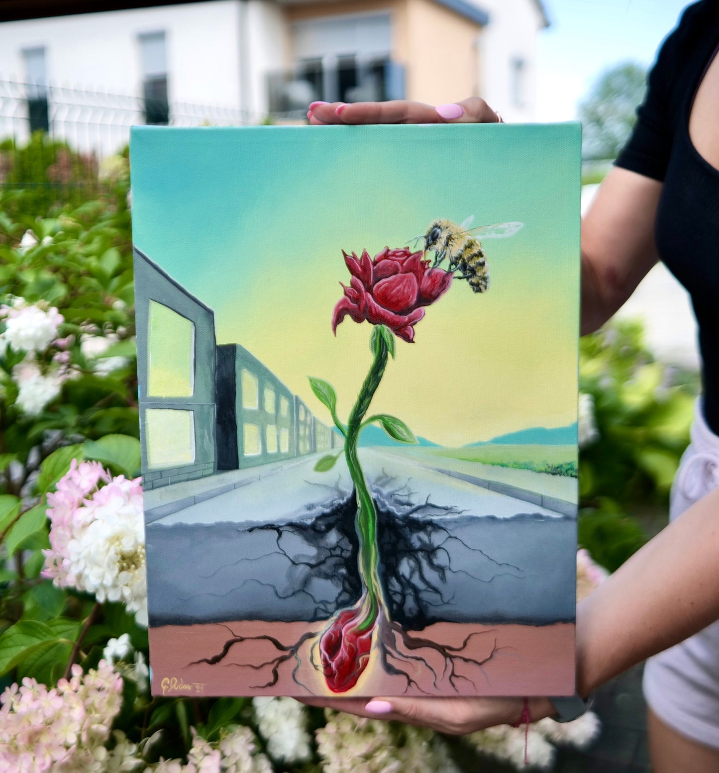 Rose that grew through the concrete - Persistence  Intuitive Original Painting