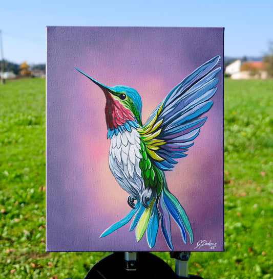 Hummingbird painting symbolizing resilience, adaptability and joy with ability to fly backward and hover amid chaos