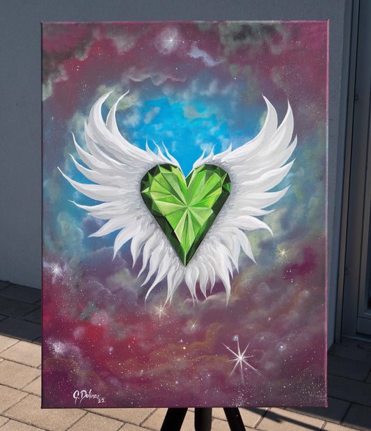 Transcendence painting featuring mystical universe with green diamond heart symbol, wings representing freedom from limitations when heart opens