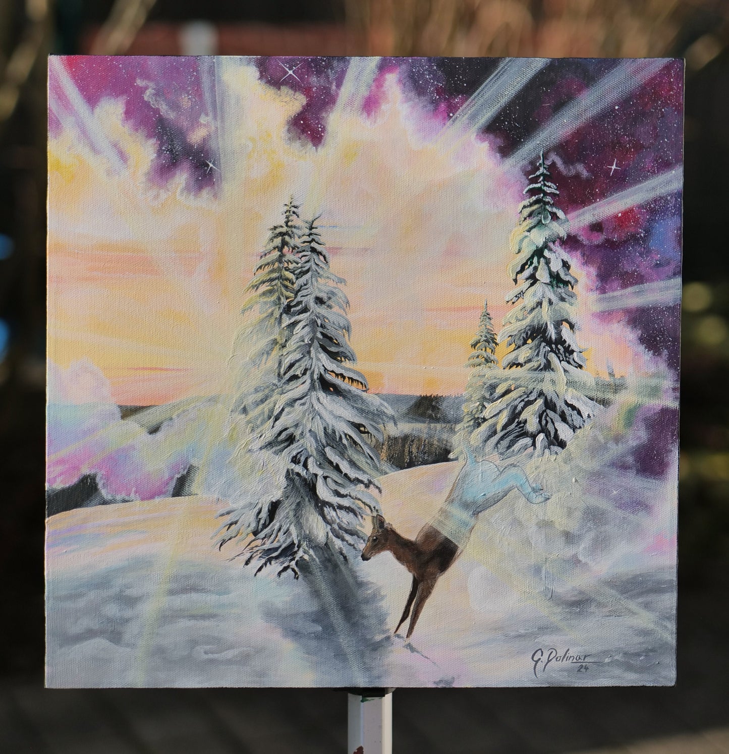 Winter Land of Magic painting showing joyful winter landscape with natural beauty and mystical wonder elements