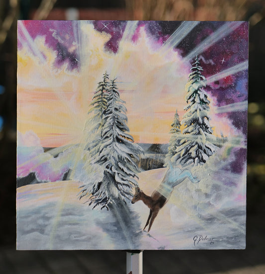 Winter Land of Magic painting showing joyful winter landscape with natural beauty and mystical wonder elements