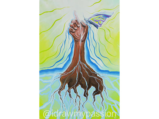 Grounded painting showing hand touching light with energy flowing through into roots, representing universal intelligence channeling
