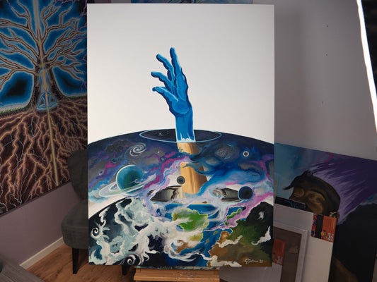 The artwork Reaching the Potential features a surreal blue hand emerging from a cosmic void, symbolizing human aspiration and creation into the unknown. Planets, swirling galaxies, and fragmented Earth imagery surround the arm, emphasizing a journey beyond reality and into infinite possibility.