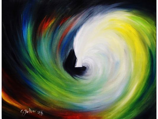 The painting Key to Enlightenment portrays inner peace through fluid, harmonious elements, symbolizing the key to enlightenment found in surrender and unity.