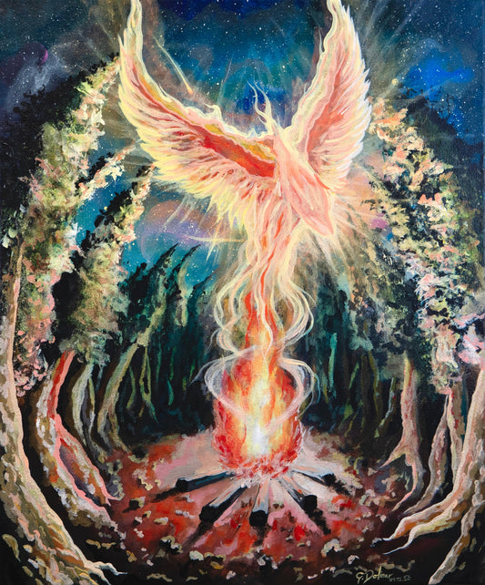 Phoenix Rises painting symbolizing the Awakening Of The New Era, representing a shift in global consciousness and the birth of The New Earth.