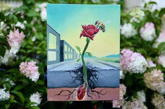 Rose Through Concrete painting showing rose breaking through concrete representing inner pull for growth and rising above environment