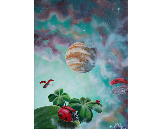 Painting featuring ladybug, cloverleaf and planet Jupiter as symbols of luck canvas print by Gasper Dolinar