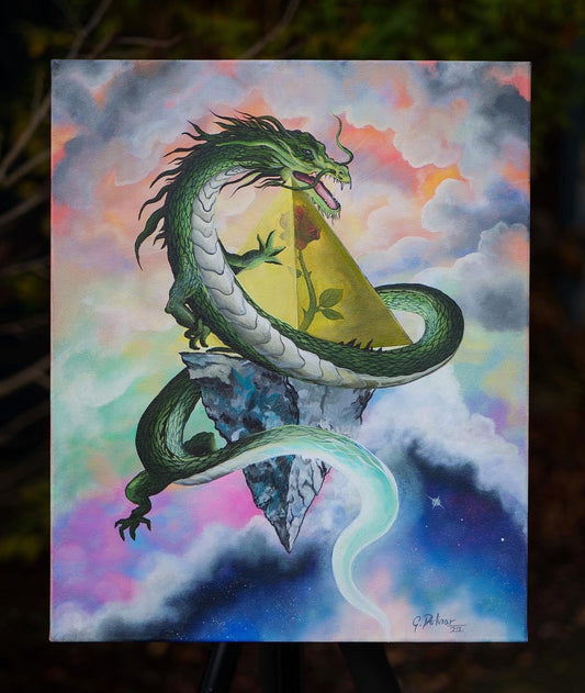 The Dragon painting symbolizing the spirit animal, reflecting balance between seen and unseen self through pyramids and inner harmony.