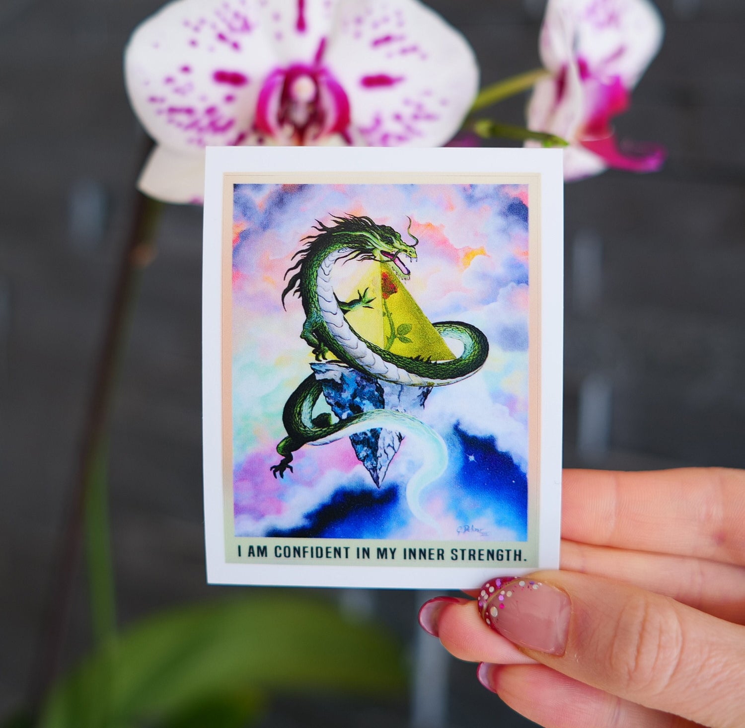 Dragon Spirit Animal vinyl sticker featuring dual pyramid design with rose and dragon symbolism, representing inner strength and shadow work with motivational quote 'I am confident in my inner strength'
