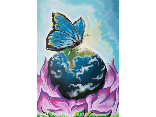 The New Earth painting showing earth emerging from lotus flower with blue butterfly, representing evolution through chaos into beauty