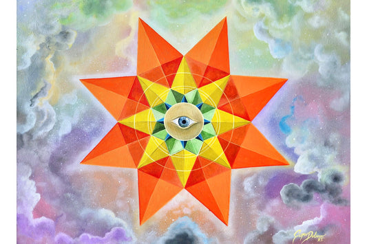 The Source painting showing complex sacred geometry that evolved through surrendering to unknown with deep turbulent creative process