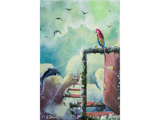 Trust painting featuring dolphins and scarlet macaw spirit animals supporting faith and surrender in life's journey