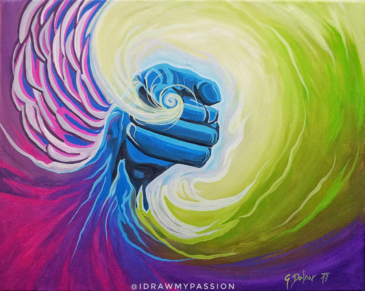 The painting "You" is a vibrant piece of abstract wall art showing a radiant blue fist forming from swirling energy, symbolizing inner power and growth.
