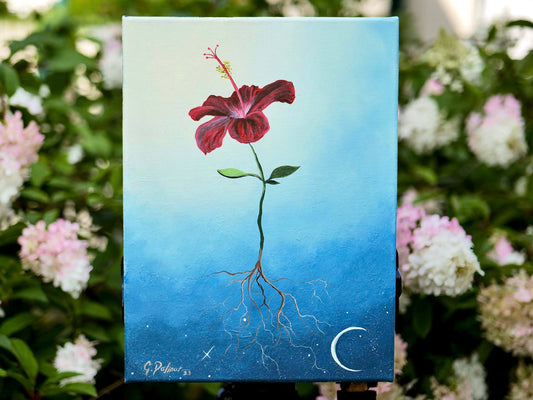 Flourish painting of a red hibiscus flower, capturing bold elegance and soulful growth through vibrant petals and radiant natural beauty.