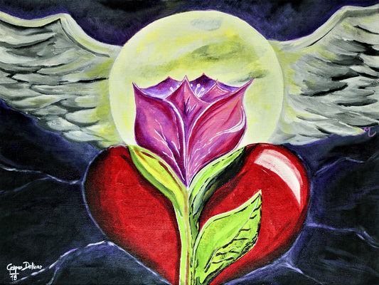 Heart of Freedom painting shows a glowing full moon with wings, a blooming rose, and a red heart—symbolizing love without a limit and emotional liberation.
