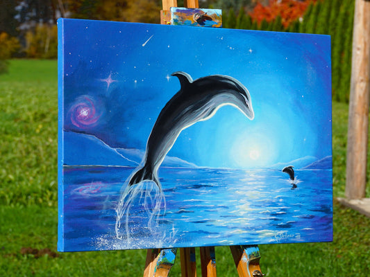 Moonlight painting features elegant dolphin art. With dolphins gliding under a glowing sky, evoking intuition, emotional depth, and spiritual harmony.
